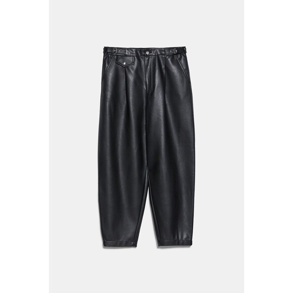 ZARA Black Faux Leather Slouchy Pants With Waist Buckles - US 4 - Picture 2 of 4